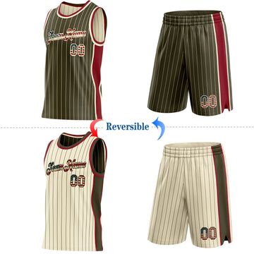 Custom Olive Cream Pinstripe Vintage USA Flag-Maroon Side Panels Reversible Double Side Sublimation Basketball Set Jersey