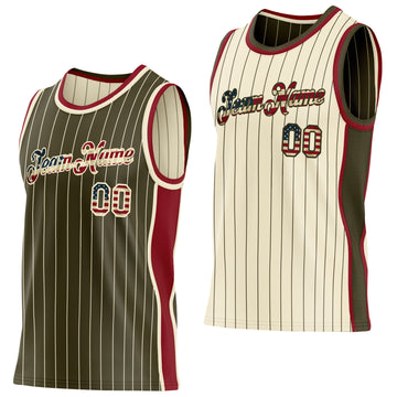 Custom Olive Cream Pinstripe Vintage USA Flag-Maroon Side Panels Reversible Double Side Sublimation Basketball Set Jersey