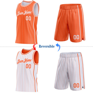 Custom Orange White Pinstripe Side Panels Reversible Double Side Sublimation Basketball Set Jersey