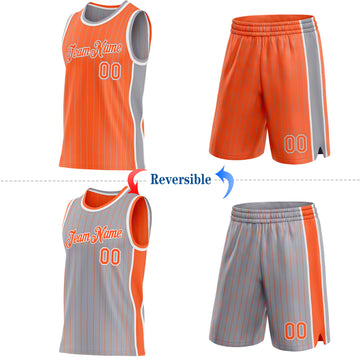 Custom Orange Gray Pinstripe-White Side Panels Reversible Double Side Sublimation Basketball Set Jersey