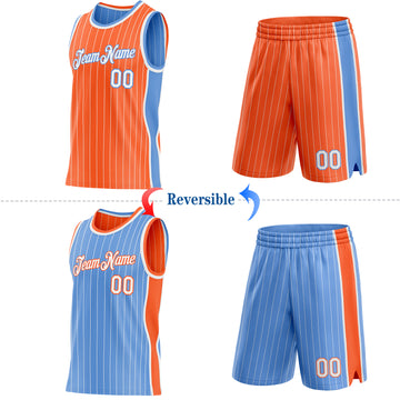 Custom Orange White Pinstripe-Light Blue Side Panels Reversible Double Side Sublimation Basketball Set Jersey
