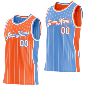 Custom Orange White Pinstripe-Light Blue Side Panels Reversible Double Side Sublimation Basketball Set Jersey