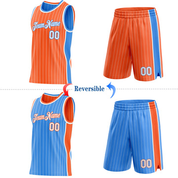 Custom Orange White Pinstripe-Powder Blue Side Panels Reversible Double Side Sublimation Basketball Set Jersey