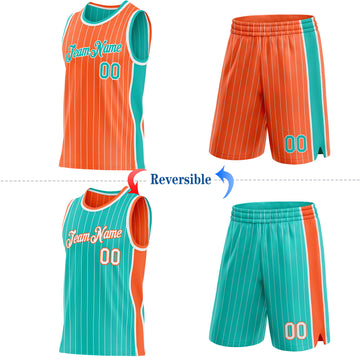 Custom Orange White Pinstripe-Aqua Side Panels Reversible Double Side Sublimation Basketball Set Jersey
