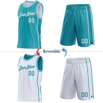 Custom Teal White Pinstripe Side Panels Reversible Double Side Sublimation Basketball Set Jersey