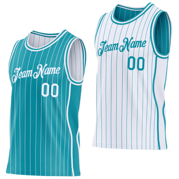 Custom Teal White Pinstripe Side Panels Reversible Double Side Sublimation Basketball Set Jersey