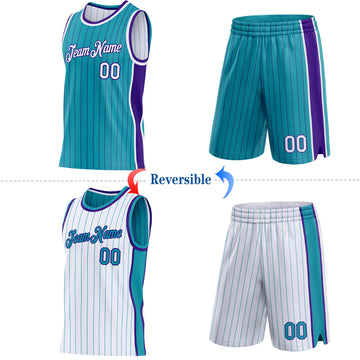 Custom Teal Purple Pinstripe-White Side Panels Reversible Double Side Sublimation Basketball Set Jersey