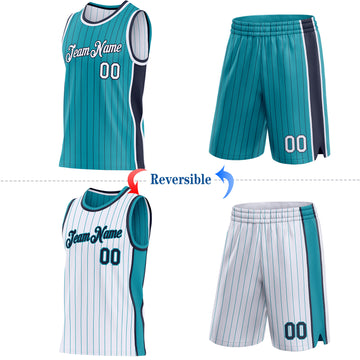 Custom Teal Navy Pinstripe-White Side Panels Reversible Double Side Sublimation Basketball Set Jersey