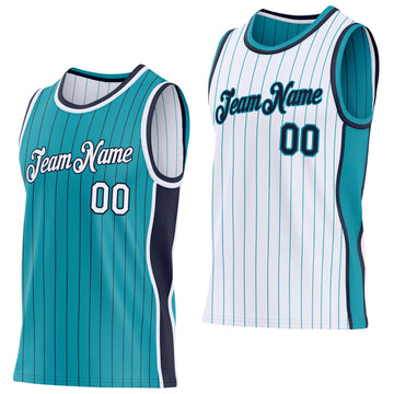 Custom Teal Navy Pinstripe-White Side Panels Reversible Double Side Sublimation Basketball Set Jersey
