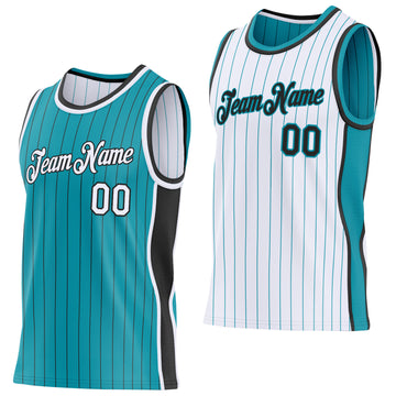 Custom Teal Black Pinstripe-White Side Panels Reversible Double Side Sublimation Basketball Set Jersey