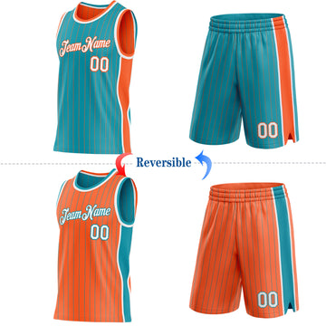 Custom Teal Orange Pinstripe-White Side Panels Reversible Double Side Sublimation Basketball Set Jersey