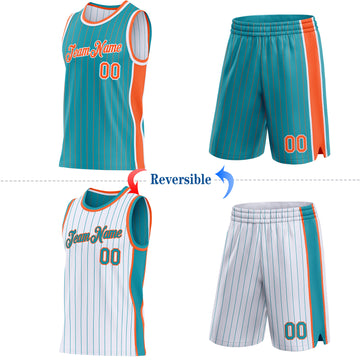 Custom Teal Orange Pinstripe-White Side Panels Reversible Double Side Sublimation Basketball Set Jersey