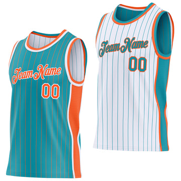 Custom Teal Orange Pinstripe-White Side Panels Reversible Double Side Sublimation Basketball Set Jersey