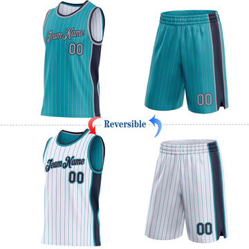 Custom Teal Gray Pinstripe-Navy Side Panels Reversible Double Side Sublimation Basketball Set Jersey