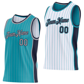 Custom Teal Gray Pinstripe-Navy Side Panels Reversible Double Side Sublimation Basketball Set Jersey