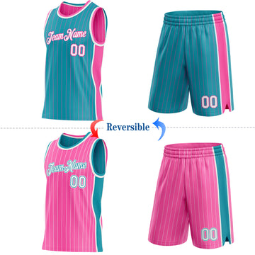 Custom Teal Pink Pinstripe-White Side Panels Reversible Double Side Sublimation Basketball Set Jersey