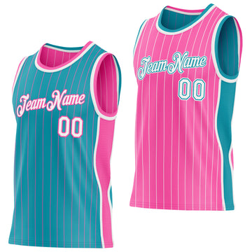 Custom Teal Pink Pinstripe-White Side Panels Reversible Double Side Sublimation Basketball Set Jersey