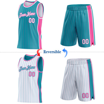 Custom Teal Pink Pinstripe-White Side Panels Reversible Double Side Sublimation Basketball Set Jersey