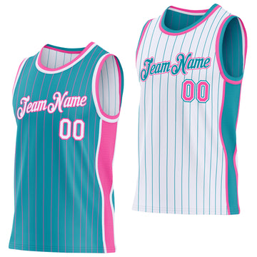 Custom Teal Pink Pinstripe-White Side Panels Reversible Double Side Sublimation Basketball Set Jersey