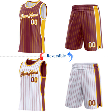 Custom Burgundy Gold Pinstripe-White Side Panels Reversible Double Side Sublimation Basketball Set Jersey