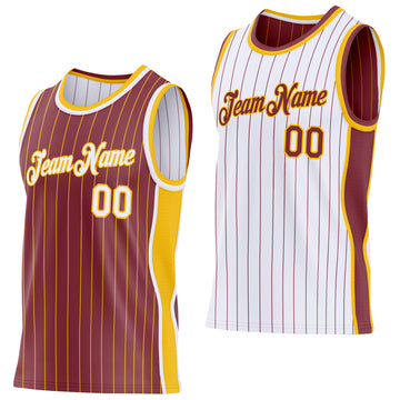 Custom Burgundy Gold Pinstripe-White Side Panels Reversible Double Side Sublimation Basketball Set Jersey