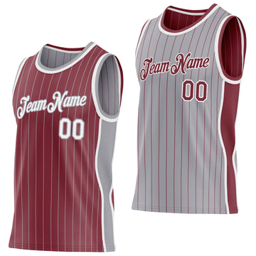 Custom Burgundy Gray Pinstripe-White Side Panels Reversible Double Side Sublimation Basketball Set Jersey