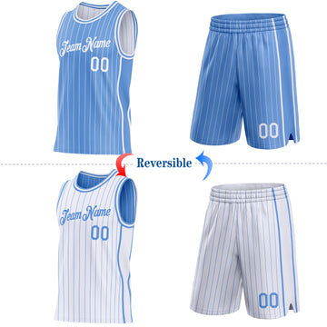 Custom Light Blue White Pinstripe Side Panels Reversible Double Side Sublimation Basketball Set Jersey