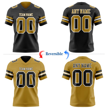 Custom Black Old Gold-White Reversible Double Side Authentic Football Jersey
