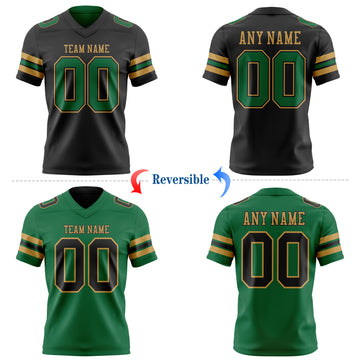 Custom Black Kelly Green-Old Gold Reversible Double Side Authentic Football Jersey