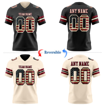 Custom Black Vintage USA Flag Cream-Crimson Reversible Double Side Authentic Football Jersey