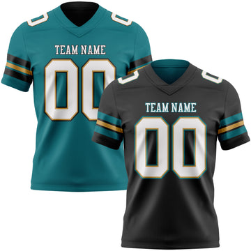 Custom Black White Old Gold-Teal Reversible Double Side Authentic Football Jersey
