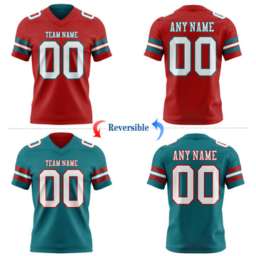 Custom Red White-Teal Reversible Double Side Authentic Football Jersey