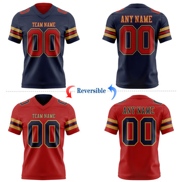 Custom Navy Red-Old Gold Reversible Double Side Authentic Football Jersey