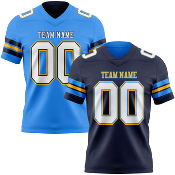 Custom Navy White Powder Blue-Gold Reversible Double Side Authentic Football Jersey