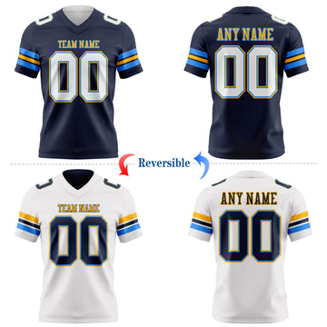 Custom Navy White Powder Blue-Gold Reversible Double Side Authentic Football Jersey