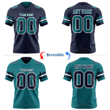 Custom Navy Teal-White Reversible Double Side Authentic Football Jersey
