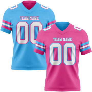 Custom Pink White-Sky Blue Reversible Double Side Authentic Football Jersey