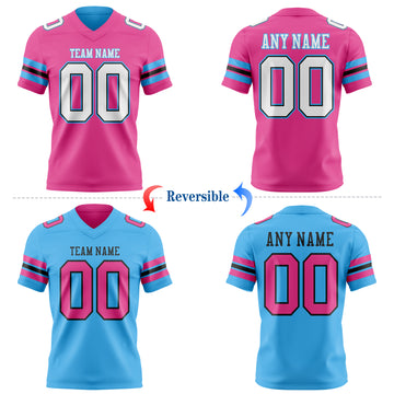 Custom Pink White Black-Sky Blue Reversible Double Side Authentic Football Jersey