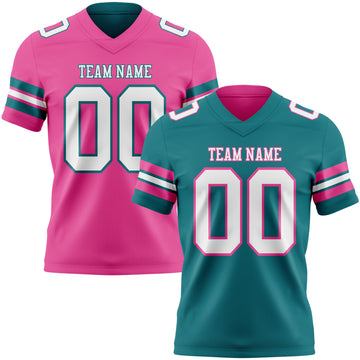 Custom Teal White-Pink Reversible Double Side Authentic Football Jersey
