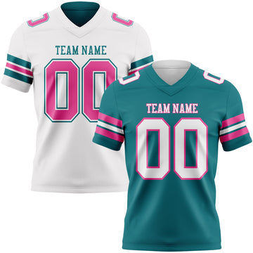 Custom Teal White-Pink Reversible Double Side Authentic Football Jersey