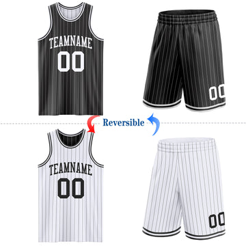 Custom Black White Pinstripe Reversible Double Side Sublimation Basketball Set Jersey