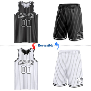 Custom Black White Pinstripe Reversible Double Side Sublimation Basketball Set Jersey