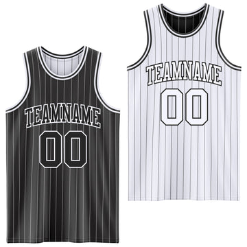 Custom Black White Pinstripe Reversible Double Side Sublimation Basketball Set Jersey