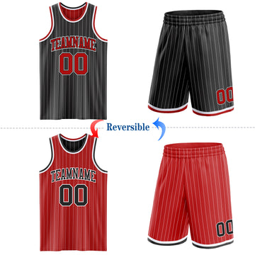Custom Black White Pinstripe-Red Reversible Double Side Sublimation Basketball Set Jersey