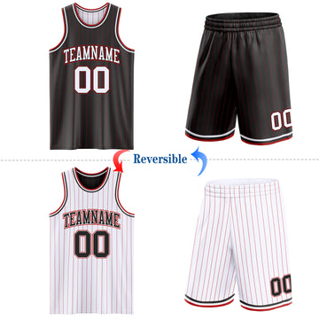 Custom Black Red Pinstripe-White Reversible Double Side Sublimation Basketball Set Jersey