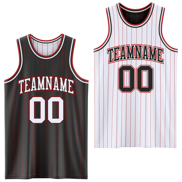 Custom Black Red Pinstripe-White Reversible Double Side Sublimation Basketball Set Jersey