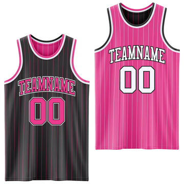 Custom Black Pink Pinstripe-White Reversible Double Side Sublimation Basketball Set Jersey