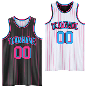 Custom Black Pink Pinstripe-Sky Blue Reversible Double Side Sublimation Basketball Set Jersey