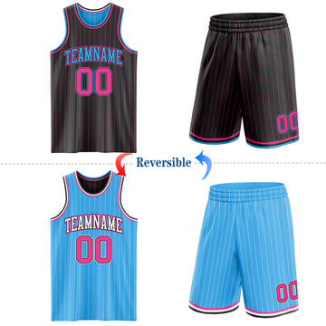 Custom Black Pink Pinstripe-Sky Blue Reversible Double Side Sublimation Basketball Set Jersey