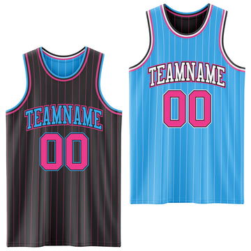 Custom Black Pink Pinstripe-Sky Blue Reversible Double Side Sublimation Basketball Set Jersey